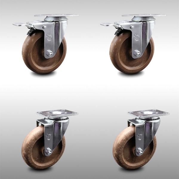 5 Inch SS High Temp Glass Filled Nylon Top Plate Caster Total Lock Brakes, 2PK